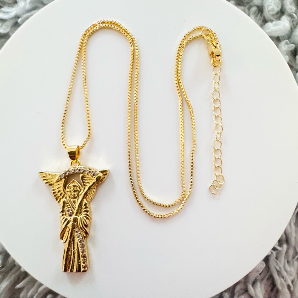 18K Gold Plated Saint Death Pendant Necklace. New Cadena con